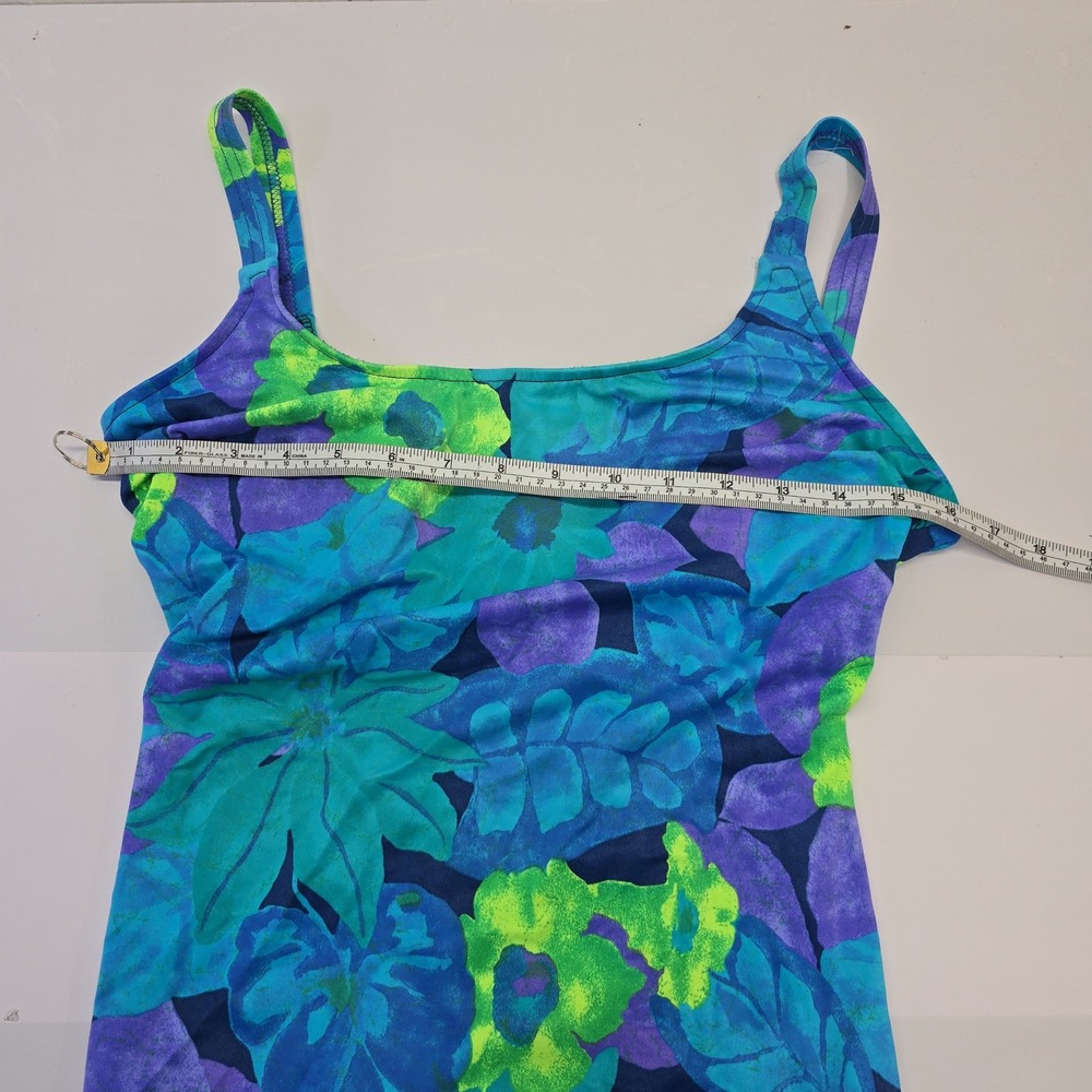 Basic Editions Vintage Floral Swimdress Blue Purple Green One Piece Size 13/14 - Picture 6 of 8